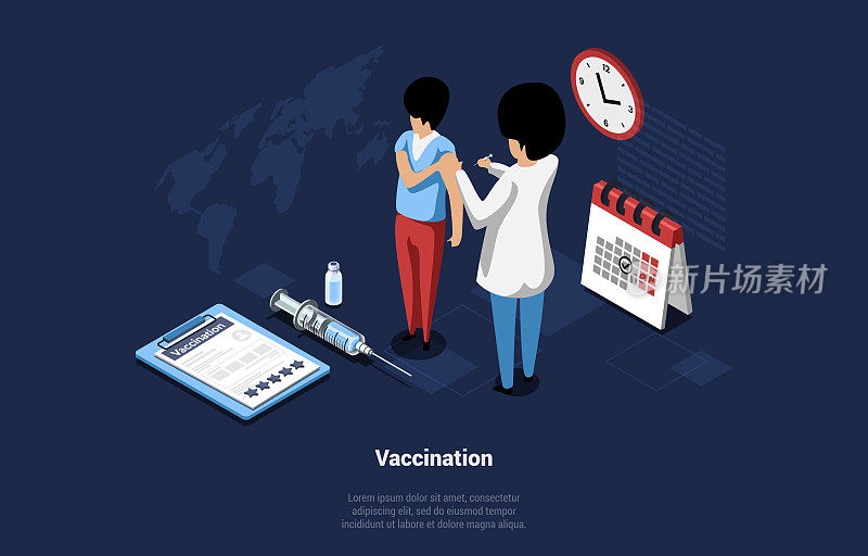 Vaccination Concept Vector Illustration In Cartoon 3D Style. Isometric Composition Of Male Characters. Doctor Injecting Man In Arm. Medical Objects Syringe, Ampoule, Vaccine Calendar Lying Around
